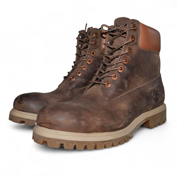 Timberland Mens 6" Nubuck Boots Size 7.5 Distressed Brown Leather Bronze Eyelets - Picture 4 of 11